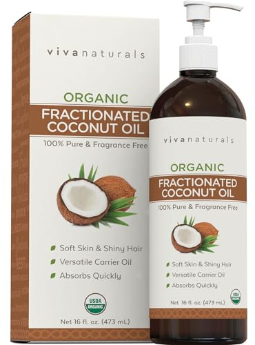 Viva Naturals Organic Fractionated Coconut Oil, 16 fl oz – Skin & Hair Moisturizer, Massage Oil, Carrier Oil for Essential Oils