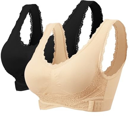 Women Wireless Lace Bra - Adjustable Front Cross Side Buckle Sport Bras Seamless Comfy Wide Straps Underwear for Leisure Yoga Running Activewear, Black+skin, XL