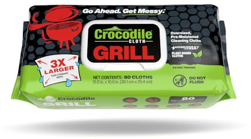 Crocodile Cloth Grill - 80 (15 x 10) Plant-based Cleaning Wipes. Safe on Skin & Multiple Surfaces. Infused with Aloe & Vitamin E. Large, Pre-Moistened & Absorbent.