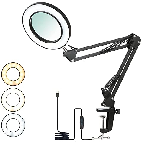 Tomshine Magnifying Desk Lamp with Clamp, 8X Magnifier Lamps 3 Colors & 10 Brightness Dimmable Magnifying Glass Led Lamp, 19 Inch Adjustable Swivel Arm Lamp Craft Light
