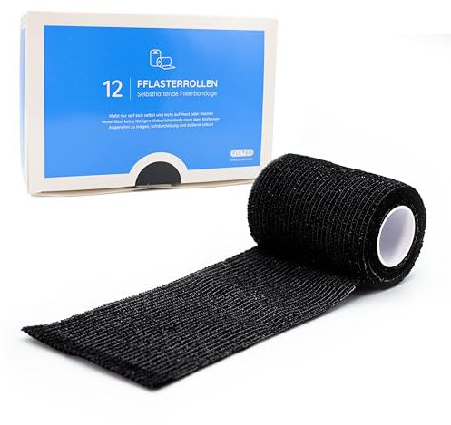 12x Selbstklebender Verband - Selbsthaftende Bandage - Pflaster Rolle - Fingerpflaster - Haftbandage - Fixierbinde - Elastischer Verband - schwarz blau lila weiß rot hautfarbe (Schwarz, 7,5cm)