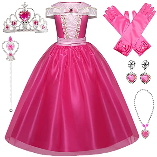 Kosplay Fille Robe de Princesse Aurore Déguisement de La Belle au Bois Dormant avec Accessoires Tulle Maxi Anniversaire Fête Halloween Noël Partie Carnaval Cosplay Robe de Soirée 120
