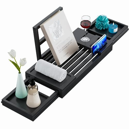 Yirilan Plateau de baignoire en bambou, plateau de salle de bain extensible, étanche, parfait pour la maison, le spa, cadeau pour vos proches - Noir