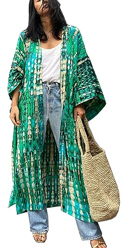LikeJump Femmes Coton Imprimé Caftan Maillot de Bain Kimono Cover Up Loose Beach Robe Maxi Robe