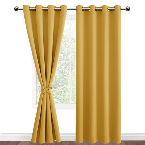 DWCN Blackout Curtains with Tiebacks for Bedroom Thermal Insulated Solid Eyelet Curtains for Living Room,2 Panels,52 Wide x 84 Drop Yellow