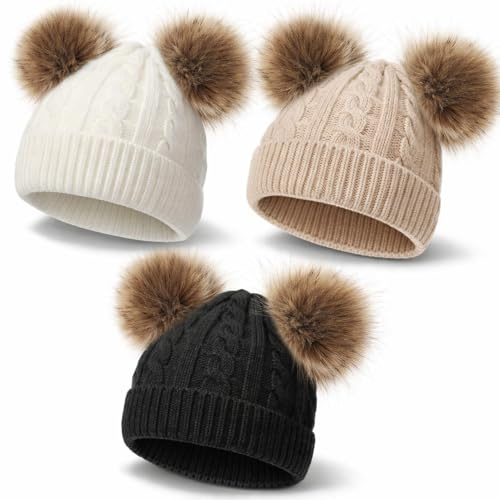 Geyoga Kids Toddler Winter Pompom Hat Baby Knitted Beanie Hat Faux Fur Pom Beanie Cap for Girls Boys 1-3 Years Old(Khaki; White; Black,M)