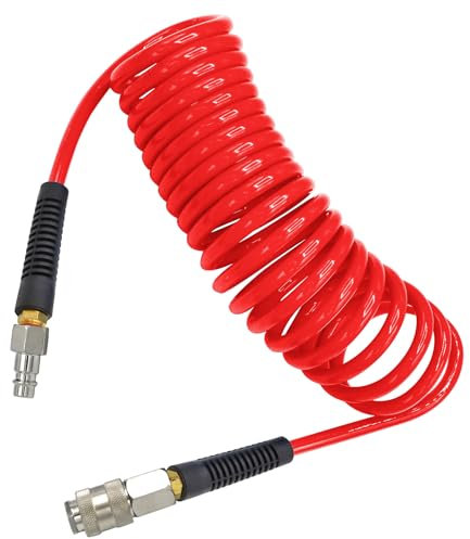 YOTOO Air Compressor Hose Polyurethane Recoil 5m Long 6mm ID x 9.5mm OD air Hose with Bend Restrictor, 1/4 Europe Quick Coupler and Plug, Red