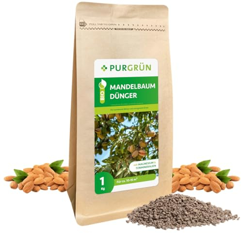 Purgrün® Bio-Mandelbaum-Dünger 1 kg – Organisch-mineralische Rezeptur – Feinkörniges Krümelgranulat – NPK 6+3+8 – Mit Magnesium für leuchtende Blüten & reiche Ernte – Verbessert die Bodenqualität
