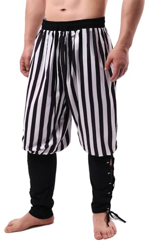 Heyigrow Pantalones piratas para hombre, disfraz vikingo medieval, pantalones renacentistas con cordones en el tobillo, pantalones de algodón y lino para cosplay, Rayas blancas y negras, XXX-Large
