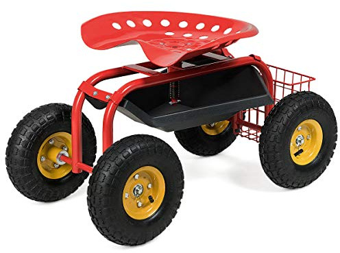 COSTWAY Sgabello da Giardino, Sgabello per Giardinaggio con Ruote, Sedile Regolabile in Altezza e Girevole a 360°, Cestello e Vassoio, Carrello per Prato e Giardino, Portata 150 kg(Rosso)