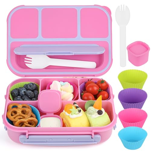 MaMix Bento Box for Kids, Lunch Box Kids, Lunch Containers for Adults,4 Compartment Leak-Proof with Sauce Snack Pot Cutlery (Purple)