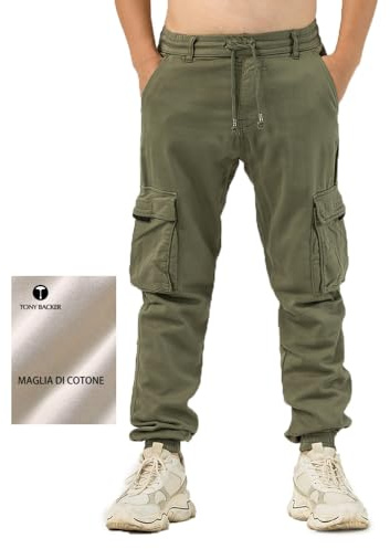 TONY BACKER Pantaloni Cargo Uomo in Maglia di Cotone Multitasche Laterali Casual e Chiusura Coulisse e i Lacci nella Vita 7905 (IT, Numero, 34, Regular, Regular, VERDE-06N)