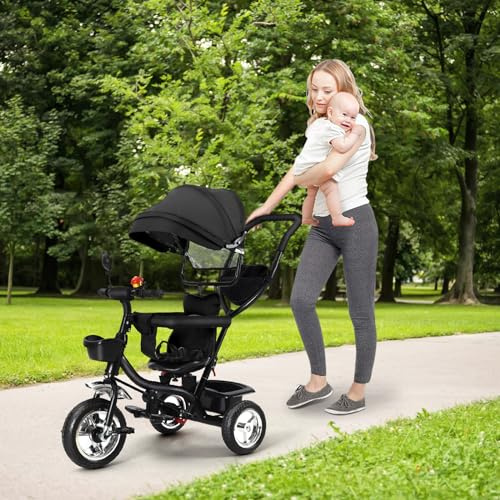 4 in 1 Kinderdreirad Tricycle für Kinder ab 12 Monate bis 5 Jahren mit Abnehmbarer Sonnendach&Schubstange Dreiräder,Jogger, mit Dachfenster, Sicherheitsgurte, 360 Grad Drehbar,4 in 1 (schwarz)
