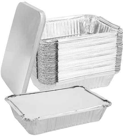 LOPYXBR Lot de 100 Barquette Aluminium avec Couvercle 800ml, 21x14x5 cm Plat Aluminium Jetable, Barquette Aluminium pour Cuisson, Barbecue, Stockage des Aliments
