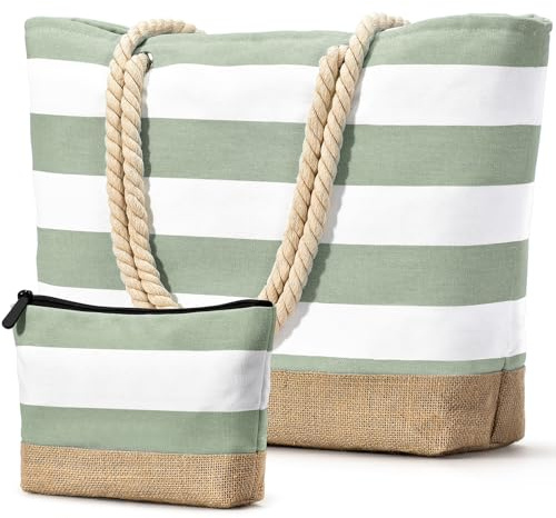 Becokan Beach Bag Initial Beach Tote with Makeup Bag for Travel, Work, Storage Personalized Birthday Gifts for Women Her (Plain, Light Green)