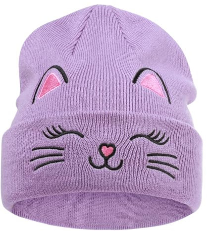 Kids Gils Cat Beanies Cute Embroidery Hats Winter Knitted Hat Unisex Skull Cuffed Skiing Caps Hats 7-12 Years