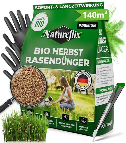 Natureflix BIO Herbstrasendünger mit Langzeitwirkung | Frost- & Winter-Rundumschutz| Organischer Rasendünger verdrängt Moos | (Körnung 1-4mm) für Streuwagen | Sicher für Kind & Tier (5kg für 140m²)