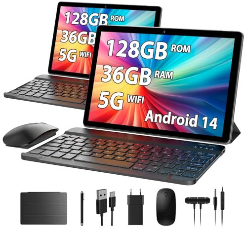 HEASUR 10 Zoll Android 14 Tablet - 36 GB RAM + 128 GB ROM (TF 1 TB), Octa-Core 2.0 GHz, WiFi 5G/2.4G BT5.0, 8000 mAh Akku, 8 MP + 5 MP Kamera, Mit Tastatur, Stift & Hülle (Grau)