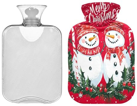 JUMBEAR Niedliche Wärmflaschen mit Weihnachtsschneemann, mit weichem Bezug, Schmerzlinderung, Wärmbeutel, 2 l, für Hände, Füße, warme Wassersäcke, bequem schlafen