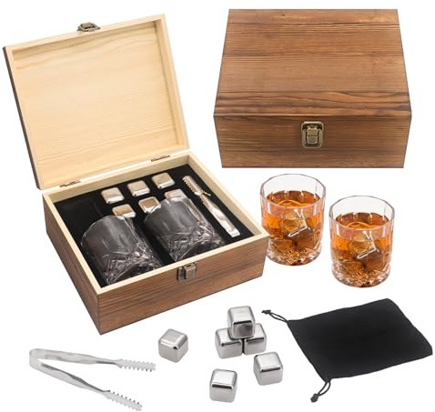 Beowanzk Set regalo di bicchieri da whisky, bicchieri da whisky, set regalo per whisky, set di 2 bicchieri da whisky, con 6 pietre refrigeranti riutilizzabili in acciaio inox, confezione in scatola di