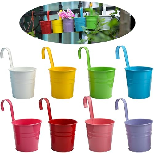 FKKFSS 8 st färgglada hängande blomhink i metall med avtagbara krokar| metallväggplanterare med dräneringshål, inomhus och utomhus hängande planterare väggplanterare för skola, balkong heminredning