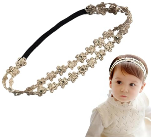 QEDBOJE Baby Stirnband Mädchen - Weiches Elastisches Haarband mit Doppelspitze und Blumen - Perfekter Haarschmuck für Taufe, Hochzeit und Alltag (Gold)