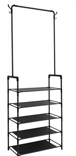 Generico Appendiabiti con Scarpiera, 170x60x29cm, Struttura in Metallo nero, 5 Ripiani e Ganci, Guardaroba Salvaspazio per Ingresso colore nero