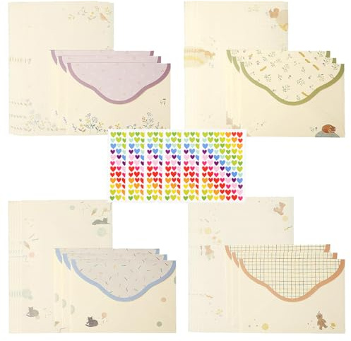 Acidea 72 Pcs Writing Paper and Envelopes Set, Cute Cat A5 Letter Writing Stationery Kit with Heart Stickers for Invitations Gift Decorations Holiday Party, 48 Lined Stationery Paper with 24 Envelopes