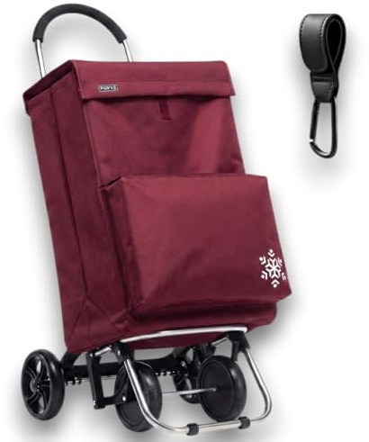 POPYS® Carro de la Compra de 50L + Gancho Multiusos de Regalo con Compartimento Refrigerante | Carrito Compra de 4 y 2 Ruedas Ideal para Supermercado (Requiere Montaje) (Granate.)