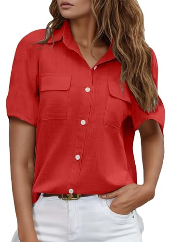 Camisa para mujer, sin planchado, sin arrugas, blusa para mujer, elegante, oversize, blusas para mujer con cuello, monocolor, parte superior básica para oficina, rojo, L
