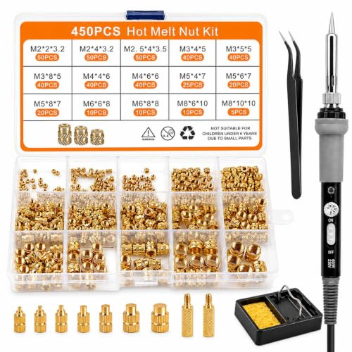Kit de 450 insertos roscados M2-M8 con soldador 60 W para impresión 3D | Control de temperatura de 200-450 °C, 7 puntas de soldadura, 2 adaptadores, insertos roscados de latón para PLA, PETG y ABS,