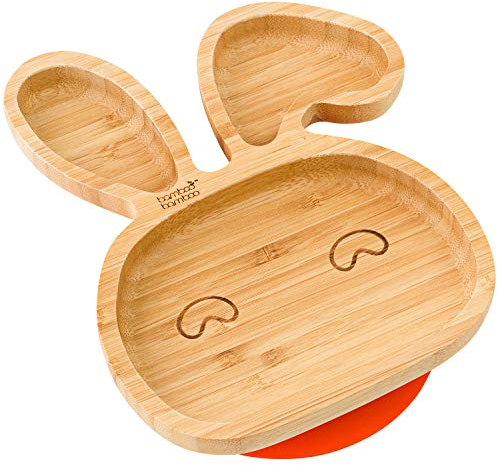 bamboo bamboo Baby Teller Kinderteller, Kindergeschirr mit Saugnapf, Sugnapf Teller Baby ab 6 Monaten (Hase, Orange)