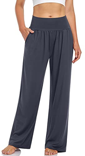 UEU Women's High Waist Rise Comfortable Yoga Pants Casual Loose Fit Lounge Wide Leg Sports Trendy Sweat Pants with Pockets(Darkgray,XL)
