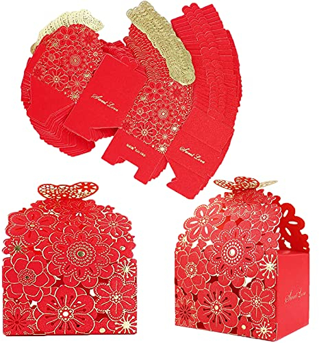 Geschenkbox für Hochzeitsgäste, 50 Pcs Geschenkschachtel Pappe Klein, Geschenkboxen Rot, Candy Geschenkbox, Süßigkeit Kästen Gastgeschenk für Hochzeit Taufe Geburtstag Party, 7 * 6,5 * 8,5 cm
