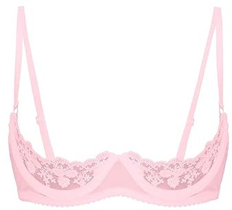 FEESHOW Womens Floral Lace Underwired Unlined Shelf Bra Sheer Lace 1/4 Push Up Cup Bralette Pink 4XL