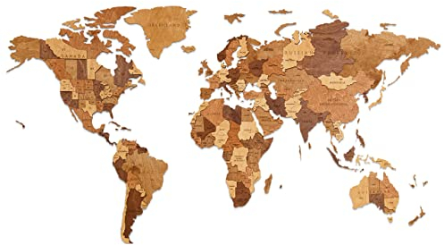 EWA Eco-Wood-Art Weltkarte Kinderzimmer – DIY 3-lagiges Puzzle Weltkarte Wanddekoration Schlafzimmer – Weltkarte Holz für Erwachsene & Jugendliche ab 14 Jahren – Medium, 126 Teile – Choco World