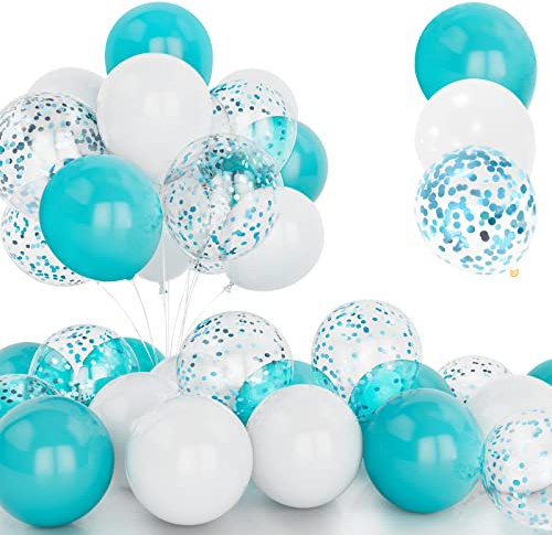 30Pcs Teal Luftballon Set, 12 Zoll Blau Konfetti Ballons und Weiß Latex Luftballons Mit Band für Geburtstag Hochzeit Kinder Baby Shower Party Dekorationen