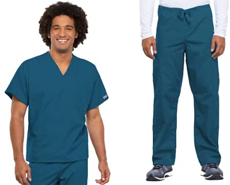 Cherokee Scrub Set for Men and Women from, Traditional Fit V-Neck Top 4777 with Natural Rise Drawstring Cargo Pant 4100, Caribbean Blue- XL Top/XL Pant