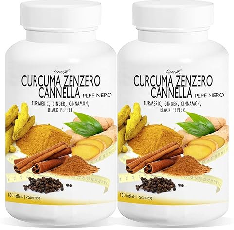 CURCUMA ZENZERO CANNELLA e pepe nero Line@ | 360 compresse (2 flaconi da 180cpr) | Aiuta a lavorare per mantenere una normale digestione