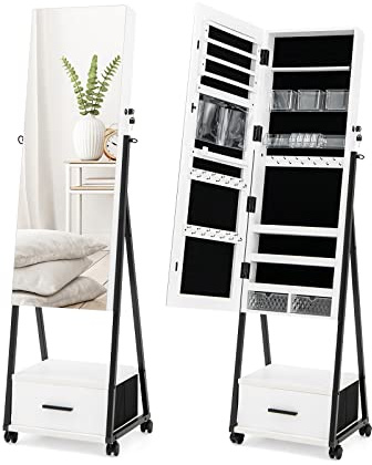 COSTWAY Armadio Portagioie da Terra con Ruote, Specchio Portagioie con Cassetti, Organizer per Gioielli per Camera da Letto, Soggiorno (Bianco, 42 x 38 x 157 cm, Con Cassetto)