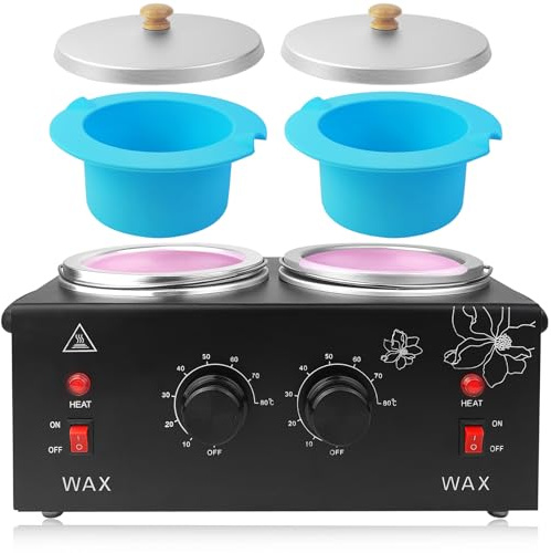 Scaldacera portatile per depilazione indolore, per donne e uomini, scaldacera professionale con set di temperatura regolabile, 40 bastoncini di cera, 2 ciotole in silicone (nero, doppio vaso)