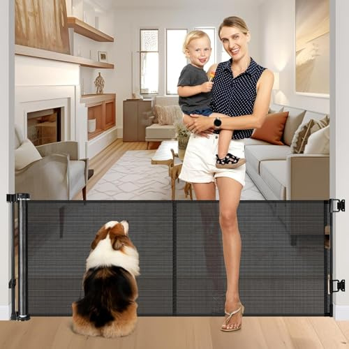 Reinforced 28 Inch Tall Retractable Dog Gate Small Baby Gate - Easy Step Over Dog Gate Short Pet Gate with Support Rods, 55 Wide Retractable Baby Gate for Stairs, Puppy Gates for Doorways, Black