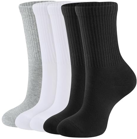 CLOSEMATE 5 Pares Calcetines Deporte Mujer Altos de Algodón Antiampollas Antideslizantes Largos Transpirables Deportivos Trail Running Pedel Tenis Negro Blanco Gris-Claro M