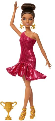 Barbie Turniertänzerin-Modepuppe mit rotem Rüschenkleid, Tanzschuhen, braunen Haaren und Tanzpokal-Zubehör, JFR09
