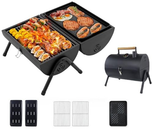 Stainless Steel Double Sided BBQ with Twin Sided Grill Function, Lightweight, Compact, Foldable, Portable Oil Drum Barbecue, Ideal for Camping, Festivals