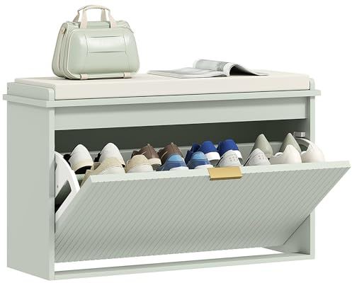 HOMCOM Shoe Bench with Padded Seat Cushion and Flip-Drawer, Shoe Cabinet Holds up to 120kg for Hallway, Entryway and Porch, 80x26x47.5cm, Green