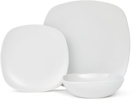 Lewis's 12 Piece Nova Plate Set - Grey/Square Design/Grey Dinner Sets / 4X Dinner Plates, 4X Side Plates, 4X Bowls/Microwave/Dishwasher Safe/High Grade Porcelain