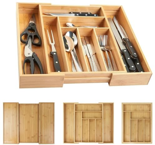 JAOSY Cutlery Tray, 32-52 x 43 x 5cm Bamboo Cutlery Drawer Organiser, 6-8 Compartments Cutlery Divider, Expandable Kitchen Utensil Tray Rack Adjustable Cooking Baking Utensils Storage Case
