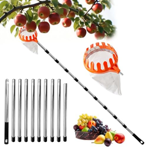 MANGLI 4,2 m raccogli frutta, raccogli mele, con manico telescopico, raccogli ciliegie in acciaio inox e sacchetto di cotone, raccogli frutta per ciliegie, pere, agrumi, pesche
