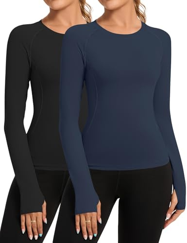 Rapbin 2 Pack Workout Tops for Women Long Sleeve Gym T-Shirts